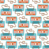 Stereo cassette with stickers of hearts and text for you vector seamless pattern. Valentine's Day Audio cassettes of love Romantic texture background