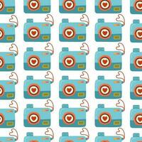 hand drawn photo camera with heart vector seamless pattern. Love camera Cartoon Valentines day Romantic texture background