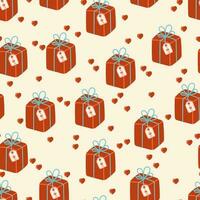 Wrapped red gift box with ribbon and red heart vector seamless pattern. Romantic valentine's day texture background