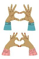 Hands gesture heart love and diversity concept. Hands of different skin color making heart shape. Female hands making sign Heart by fingers, isolated on white background vector