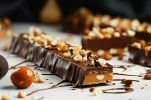 Chocolate bars caramel nuts. Generate Ai photo