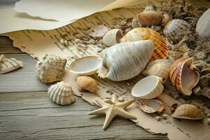 Sea shell composition beach. Generate Ai photo