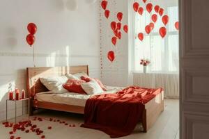 Cozy bedroom love petals. Generate Ai photo