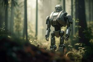 Futuristic robot forest walk. Generate Ai photo