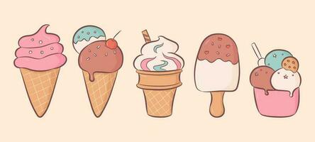 Collection of ice cream in a cup, in a waffle cone and eskimo in cartoon doodle style. vector