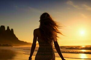 Girl on beach sunset view. Generate ai photo