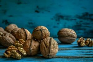 Walnuts organic blue background. Generate Ai photo