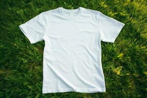 White t-shirt mock-up green grass. Generate Ai photo