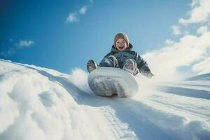 chico montando nieve diapositiva sonriente. generar ai foto