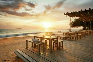 Beach bar sunset. Generate Ai photo