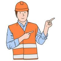 Cartoon illustration of construction worker pointing pose vector