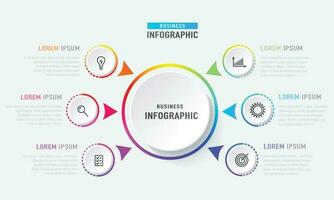 Infographic 6 element with Centre circle graphic chart diagram business timeline graphic design bright rainbow color with icons vector