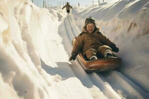 Boy riding snow slide. Generate Ai photo