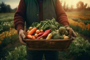 granjero sostener vegetales cesta alimento. generar ai foto