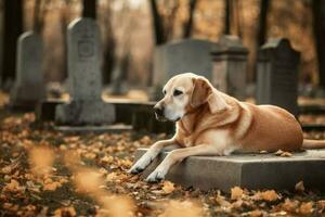 Dog grave alone autumn. Generate Ai photo