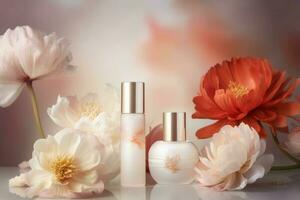 Cosmetic products flowers. Generate Ai photo