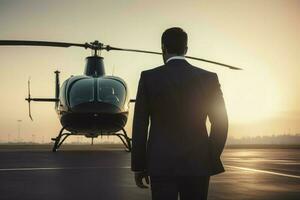 Businessman helicopter transport sunset. Generate Ai photo