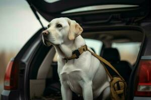 Dog car back travel. Generate Ai photo