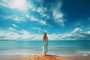 Blue sky seaside bright woman. Generate Ai photo