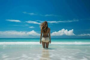 Blue sky seaside beach woman. Generate Ai photo