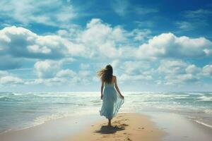 Blue sky seaside woman. Generate Ai photo