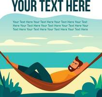 Man lying on hammock at beach with texts banner, flat style vector illustration, Your texts banner, tropical theme texts banner , man chilling on swing ,hanging bed stock vector image