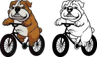 Bulldog riding a bicycle cartoon vector illustration, Happy dog on a push bike colored and black and white vector image