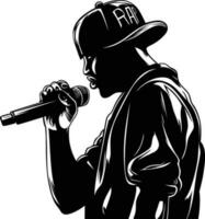Hip Hop Singer or Rapper singing vector illustration, hip hop rap artist wearubg a hat and holding a mic black and white vector image
