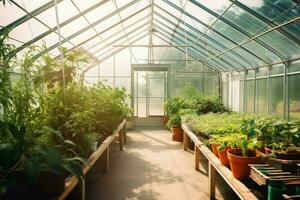 Greenhouse inside plants pot. Generate Ai photo