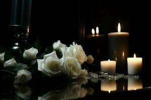 White roses burning candles. Generate Ai photo