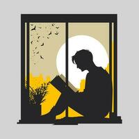 hombre sentado leyendo un libro por el ventana con urbano antecedentes y grande lleno Luna vector