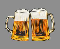 Illustration of two toasting beer mugs. Cheers. Clinking glass tankards full of beer. Hand drawn vector illustration