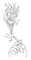 Burning cigarette with a smoke formed skull. Vector line art illustration