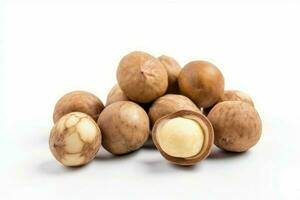 Macadamia nuts white background. Generate Ai photo