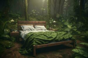 cama mueble tropical bosque. generar ai foto