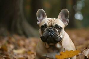 French bulldog autumn view. Generate Ai photo