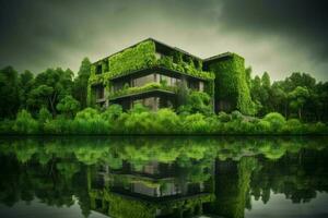 Green eco house lake. Generate Ai photo