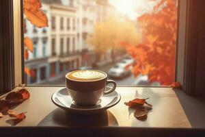 otoño ventana café taza. generar ai foto