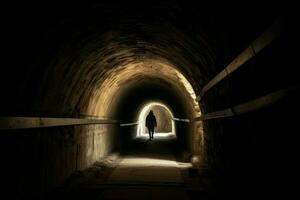 Tunnel man dark light. Generate Ai photo