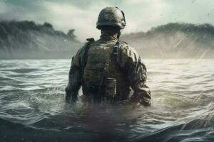 Soldier water river swat. Generate Ai photo