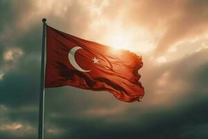 Turquía bandera ondulación puesta de sol. generar ai foto