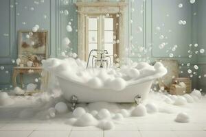 White bathtub full foam. Generate Ai photo