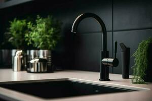 Black kitchen faucet plant. Generate Ai photo