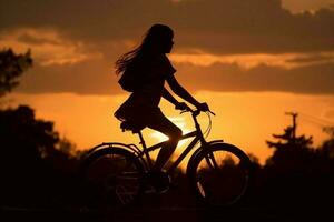 Girl ride bike sunset. Generate Ai photo