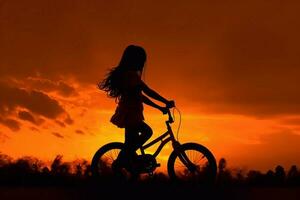 Girl ride bike sunset. Generate Ai photo