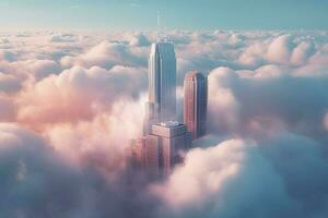 Pink clouds skyscraper. Generate Ai photo