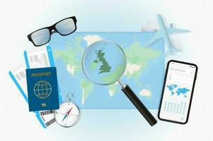 Conceptual illustration of a trip to United Kingdom with travel gear. vector