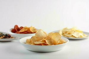 Plates potato chips snack. Generate Ai photo