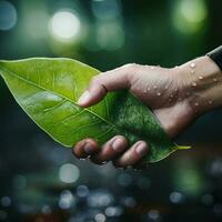 Ecological concept. Shaking hands between nature and human photo