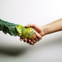 Ecological concept. Shaking hands between nature and human photo